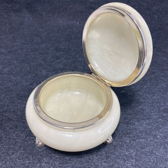 Vintage Italian Alabaster Trinket Jewelry Box Floral Bouquet Round 3" Wide Italy - Picture 3 of 11